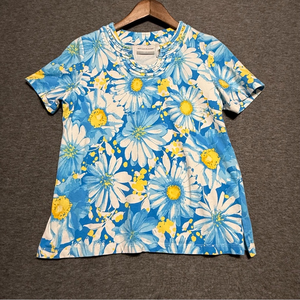 Alfred Dunner Floral Blue Top & Yellow  Capri Pants Set Shirt PS & Capri Size 8 - Picture 2 of 16